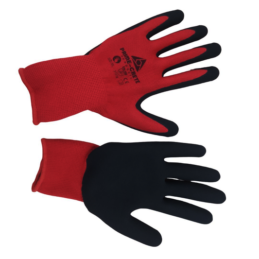 13G RED POLYESTER GLOVES WITH BLACK LATEX SANDY FINISH + TOUCHSCREEN FUNCTION (12 PAIRS)